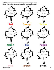 Free fall leaf coloring page and color worksheet for preschoolers to learn colors, printable PDF