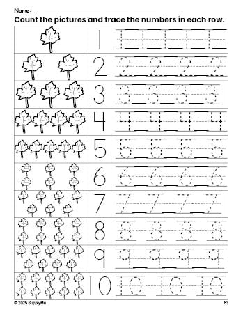 Free printable fall leaf counting worksheet for preschool and pre-k with number tracing practice 1-10, PDF