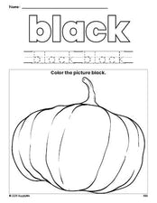 Free fall pumpkin color black coloring page and color worksheet, black worksheet for preschoolers to learn colors, printable PDF