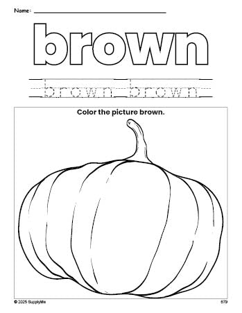 Free fall pumpkin color brown coloring page and color worksheet, brown worksheet for preschoolers to learn colors, printable PDF