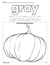 Free fall pumpkin color gray coloring page and color worksheet, gray worksheet for preschoolers to learn colors, printable PDF