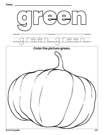 Free fall pumpkin color green coloring page and color worksheet, green worksheet for preschoolers to learn colors, printable PDF