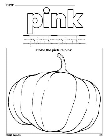 Free fall pumpkin color pink coloring page and color worksheet, pink worksheet for preschoolers to learn colors, printable PDF