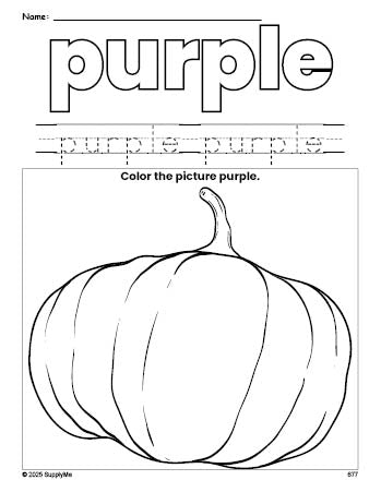 Free fall pumpkin color purple coloring page and color worksheet, purple worksheet for preschoolers to learn colors, printable PDF