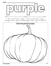 Free fall pumpkin color purple coloring page and color worksheet, purple worksheet for preschoolers to learn colors, printable PDF