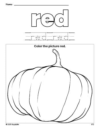 Free fall pumpkin color red coloring page and color worksheet, red worksheet for preschoolers to learn colors, printable PDF