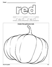 Free fall pumpkin color red coloring page and color worksheet, red worksheet for preschoolers to learn colors, printable PDF