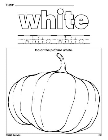 Free fall pumpkin color white coloring page and color worksheet, white worksheet for preschoolers to learn colors, printable PDF