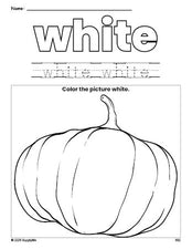 Free fall pumpkin color white coloring page and color worksheet, white worksheet for preschoolers to learn colors, printable PDF