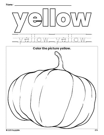 Free fall pumpkin color yellow coloring page and color worksheet, yellow worksheet for preschoolers to learn colors, printable PDF