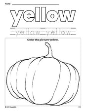 Free fall pumpkin color yellow coloring page and color worksheet, yellow worksheet for preschoolers to learn colors, printable PDF