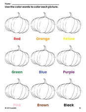 Free fall pumpkin coloring page and color worksheet for preschoolers to learn colors, printable PDF