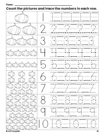 Free printable fall pumpkin counting worksheet for preschool and pre-k with number tracing practice 1-10, PDF