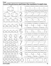 Free printable fall pumpkin counting worksheet for preschool and pre-k with number tracing practice 1-10, PDF