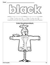 Free fall scarecrow color black coloring page and color worksheet, black worksheet for preschoolers to learn colors, printable PDF