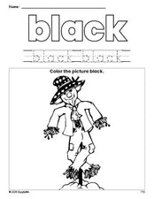 Free fall scarecrow color black coloring page and color worksheet, black worksheet for preschoolers to learn colors, printable PDF