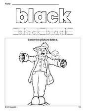 Free fall scarecrow color black coloring page and color worksheet, black worksheet for preschoolers to learn colors, printable PDF