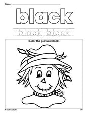 Free fall scarecrow color black coloring page and color worksheet, black worksheet for preschoolers to learn colors, printable PDF