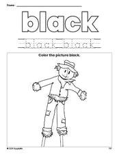 Free fall scarecrow color black coloring page and color worksheet, black worksheet for preschoolers to learn colors, printable PDF