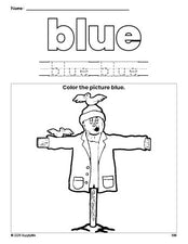 Free fall scarecrow color blue coloring page and color worksheet, blue worksheet for preschoolers to learn colors, printable PDF