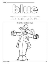 Free fall scarecrow color blue coloring page and color worksheet, blue worksheet for preschoolers to learn colors, printable PDF