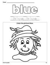 Free fall scarecrow color blue coloring page and color worksheet, blue worksheet for preschoolers to learn colors, printable PDF