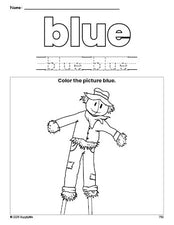 Free fall scarecrow color blue coloring page and color worksheet, blue worksheet for preschoolers to learn colors, printable PDF