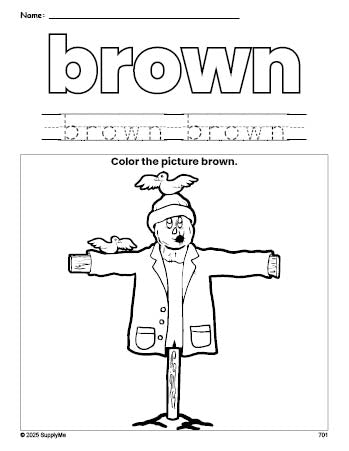 Free fall scarecrow color brown coloring page and color worksheet, brown worksheet for preschoolers to learn colors, printable PDF