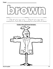 Free fall scarecrow color brown coloring page and color worksheet, brown worksheet for preschoolers to learn colors, printable PDF