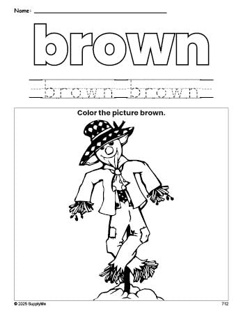 Free fall scarecrow color brown coloring page and color worksheet, brown worksheet for preschoolers to learn colors, printable PDF