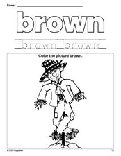 Free fall scarecrow color brown coloring page and color worksheet, brown worksheet for preschoolers to learn colors, printable PDF