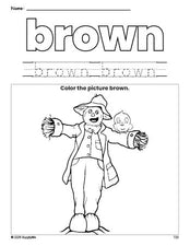 Free fall scarecrow color brown coloring page and color worksheet, brown worksheet for preschoolers to learn colors, printable PDF