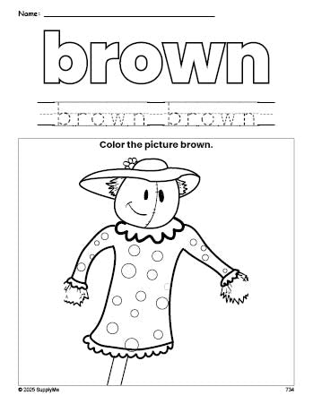 Free fall scarecrow color brown coloring page and color worksheet, brown worksheet for preschoolers to learn colors, printable PDF