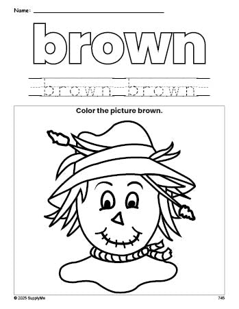 Free fall scarecrow color brown coloring page and color worksheet, brown worksheet for preschoolers to learn colors, printable PDF