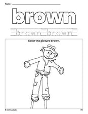 Free fall scarecrow color brown coloring page and color worksheet, brown worksheet for preschoolers to learn colors, printable PDF