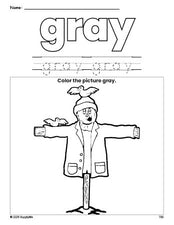 Free fall scarecrow color gray coloring page and color worksheet, gray worksheet for preschoolers to learn colors, printable PDF