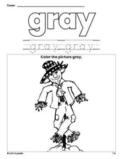 Free fall scarecrow color gray coloring page and color worksheet, gray worksheet for preschoolers to learn colors, printable PDF