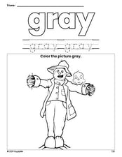 Free fall scarecrow color gray coloring page and color worksheet, gray worksheet for preschoolers to learn colors, printable PDF