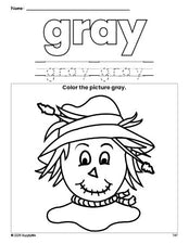 Free fall scarecrow color gray coloring page and color worksheet, gray worksheet for preschoolers to learn colors, printable PDF