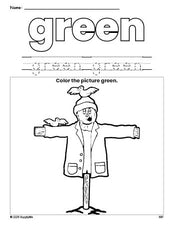 Free fall scarecrow color green coloring page and color worksheet, green worksheet for preschoolers to learn colors, printable PDF