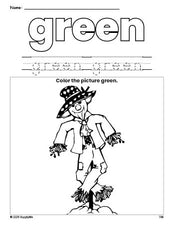 Free fall scarecrow color green coloring page and color worksheet, green worksheet for preschoolers to learn colors, printable PDF