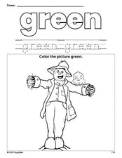 Free fall scarecrow color green coloring page and color worksheet, green worksheet for preschoolers to learn colors, printable PDF