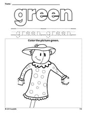 Free fall scarecrow color green coloring page and color worksheet, green worksheet for preschoolers to learn colors, printable PDF