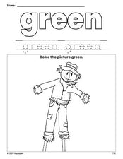 Free fall scarecrow color green coloring page and color worksheet, green worksheet for preschoolers to learn colors, printable PDF