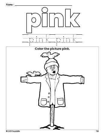 Free fall scarecrow color pink coloring page and color worksheet, pink worksheet for preschoolers to learn colors, printable PDF