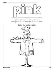 Free fall scarecrow color pink coloring page and color worksheet, pink worksheet for preschoolers to learn colors, printable PDF