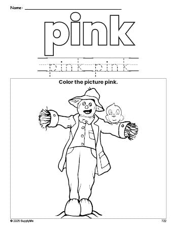 Free fall scarecrow color pink coloring page and color worksheet, pink worksheet for preschoolers to learn colors, printable PDF