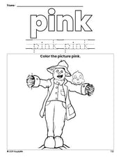 Free fall scarecrow color pink coloring page and color worksheet, pink worksheet for preschoolers to learn colors, printable PDF