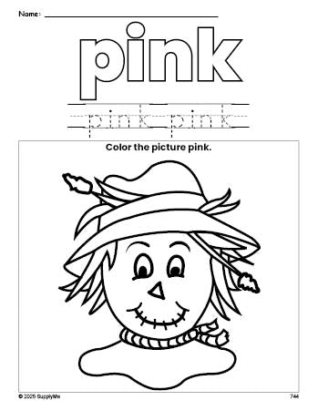 Free fall scarecrow color pink coloring page and color worksheet, pink worksheet for preschoolers to learn colors, printable PDF