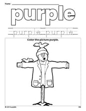 Free fall scarecrow color purple coloring page and color worksheet, purple worksheet for preschoolers to learn colors, printable PDF